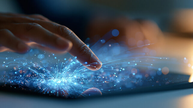Rising lines of luminous data emerging from a bright screen toward a fingertip about to touch the surface clean pale desk crisp light trails airy composition technology