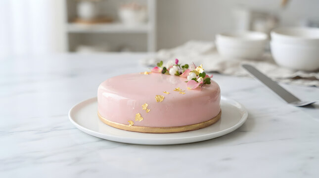 Elegant pink mirror glaze mousse cake decorated with gold leaf and edible flowers on white plate