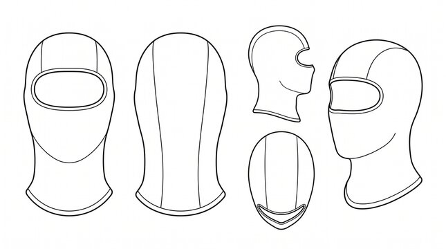 Balaclava Face Mask Vector Template - Front, Back, Side, Top, and Perspective Views - Technical Line Art Sketch
