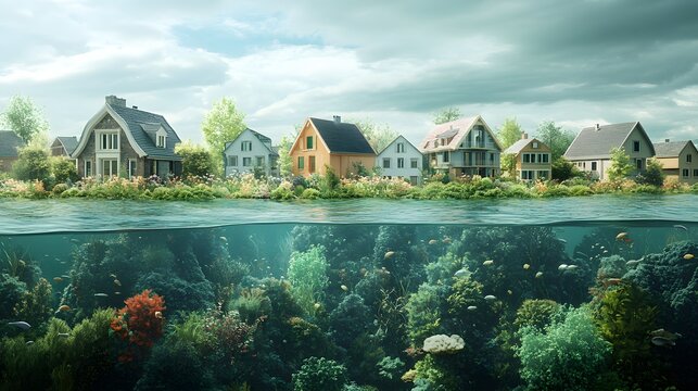 Submerged village with thriving underwater ecosystem above surface, symbolizing climate change impact. Communities adapting to rising seas amid ecological resilience.