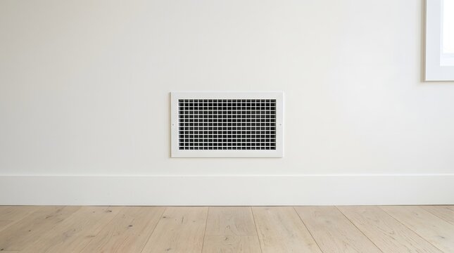 White wall with a modern black air vent cover as part of a home improvement project