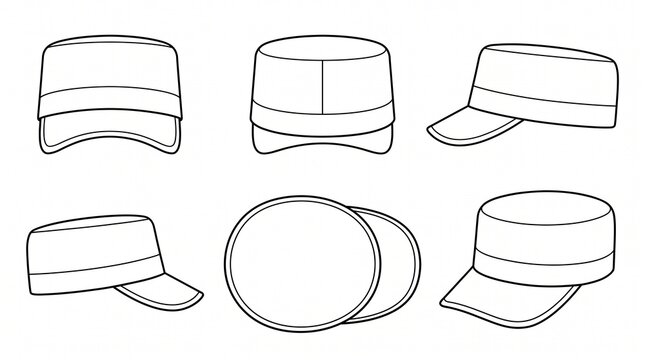 Military Patrol Cap Vector Template - Cadet Cap Line Art Mockup in Multiple Views for Fashion Design