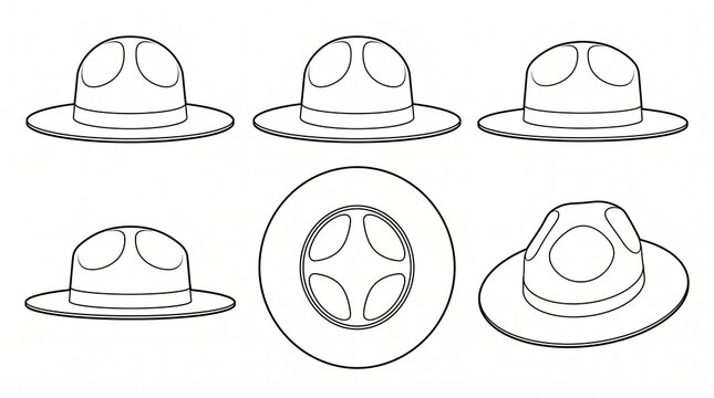 Campaign Hat Vector Set - Park Ranger, Drill Sergeant, and Scout Hat Line Art Icons from Multiple Perspectives
