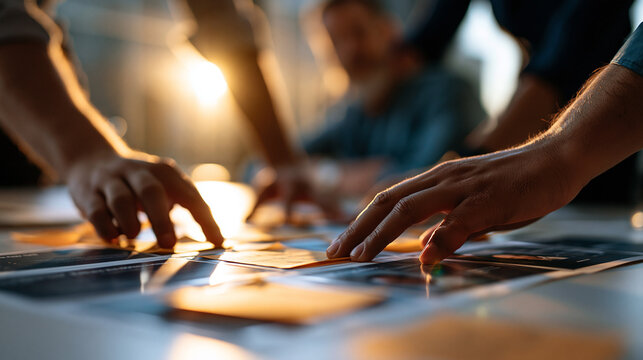 Insight workshop table covered with sticky notes journey maps and customer profile cards while cropped hands arrange them faces outside the frame bright daylight crisp paper