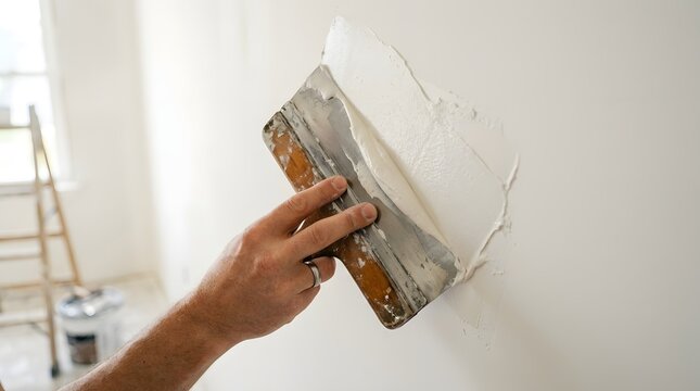 Professional worker applying plaster to a wall as part of a home improvement project in a residential room