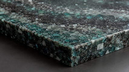Obraz premium Close up view of luxury terrazzo countertop slab with recycled teal glass and black stone detail