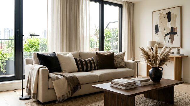 Modern living room interior design featuring neutral furniture and decor for a stylish home improvement project