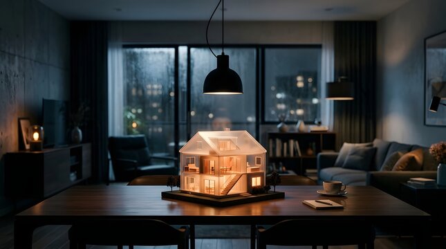 A miniature glowing house model placed on a dining room table representing creative home improvement and interior design concepts