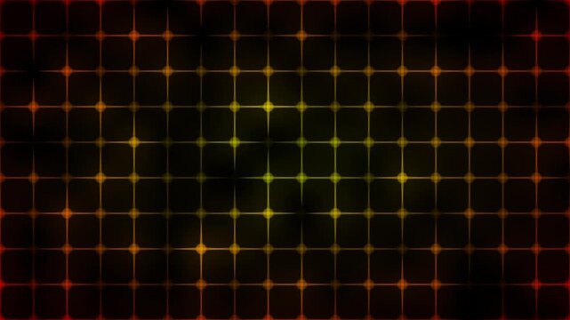 Abstract Neon Grid Pattern Background with Glowing Yellow and Orange Starbursts