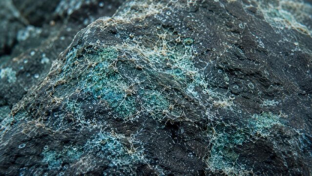 Macro texture of green serpentine rock with fine white fibrous mineral veins and crystalline natural pattern
