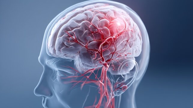 3D medical visualization of brain hemorrhage, bleeding inside cranial cavity caused by ruptured cerebral blood vessel, intracerebral hematoma pathology diagram, neurological emergency illustration 