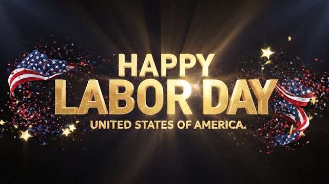 Happy labor day golden 3d typography greeting card with flying american flag and glitter.