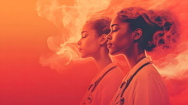 Two healthcare professionals in profile against fiery orange smoke background symbolizing climate urgency and public health advocacy. Emotional, stylized portrait for environmental health campaigns.
