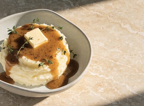 Creamy Mashed Potatoes with Gravy for Thanksgiving Restaurant Menu
