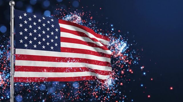 American flag waving with red and blue fireworks display against dark background.