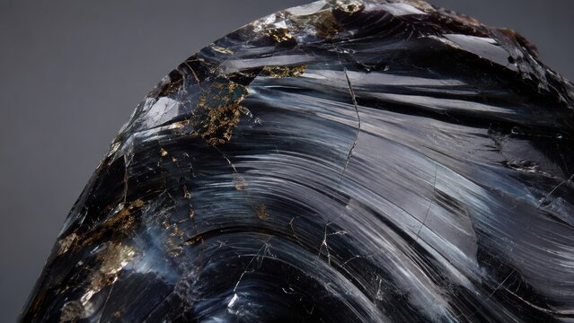 Macro photo of dark blue tiger eye gemstone texture with gold pyrite inclusions mineral background