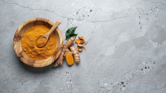 Turmeric powder in wooden bowl with fresh roots. Curcuma spice on gray stone background. Healthy herbal seasoning for cooking.