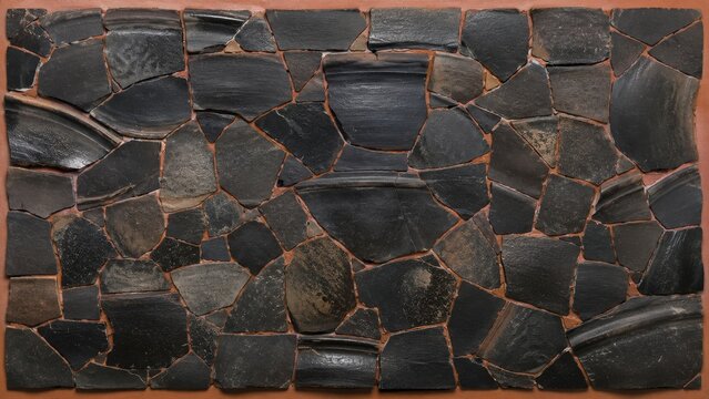 Dark black ceramic sherd mosaic texture wall with terracotta mortar background