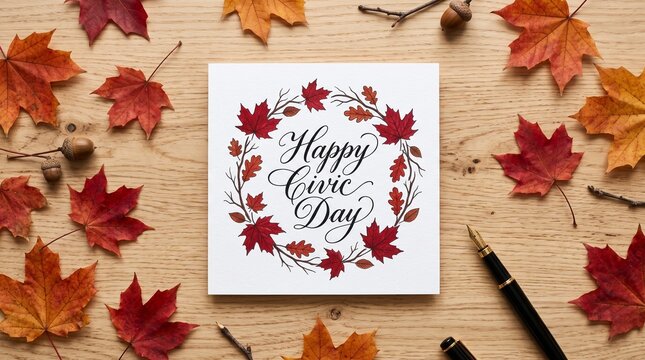Happy Civic Day greeting card with autumn maple leaves, festive holiday message on wooden background, seasonal fall flat lay