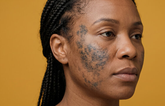 Close up portrait of Black woman cheek with Nevus of Ota dermal melanocytosis