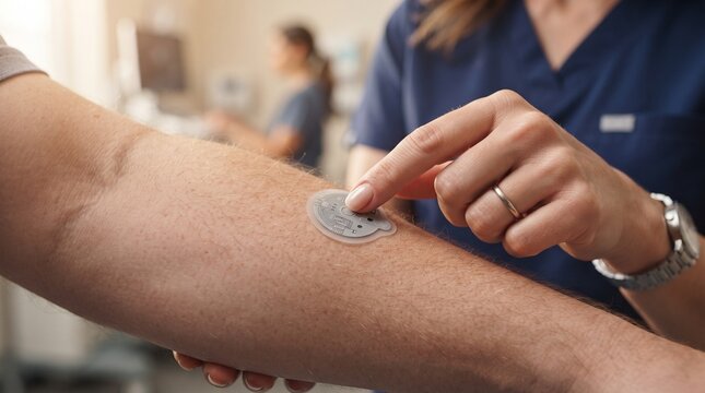 Continuous glucose monitor sensor on patient arm, nurse applying medical patch in clinic, healthcare technology for diabetes management, close-up view 4K