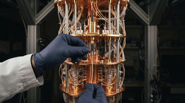 Quantum computer hardware maintenance, engineer hands in blue gloves adjusting copper wiring, advanced laboratory technology research 4K