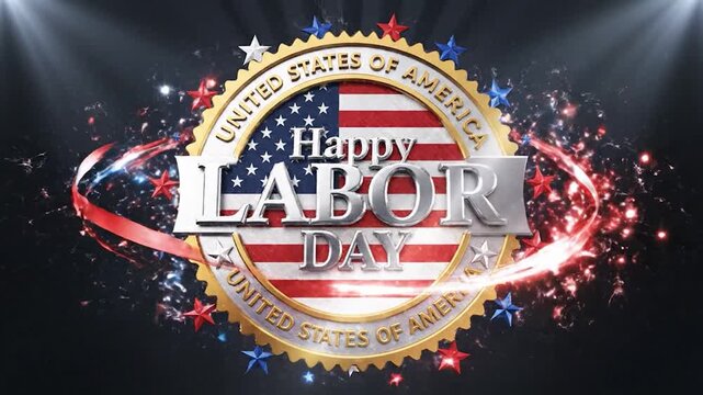 Happy Labor Day USA greeting emblem with American flag and festive sparks.