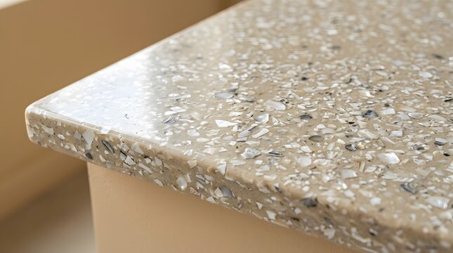 Polished beige countertop surface featuring embedded crushed white seashell fragments creates a decorative interior design element with smooth reflective texture