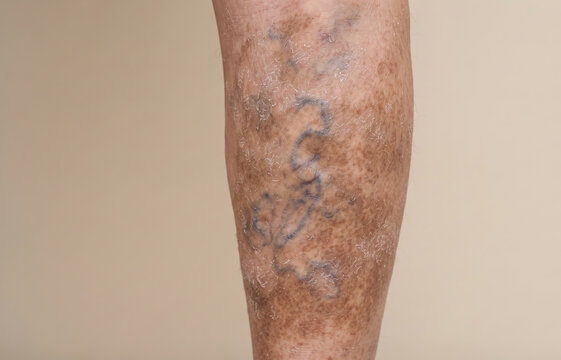 Close up of chronic venous insufficiency and severe varicose veins with stasis dermatitis on leg
