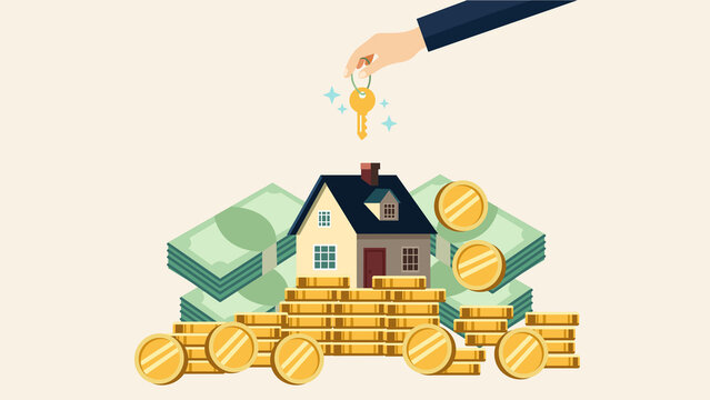 Flat modern vector illustration of a house with gold coins, stacks of money cash, and a hand holding a key above, symbolizing real estate investment, property value, mortgage loan, buying a home, and 