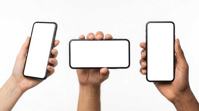 Hand holding the black smartphone with blank screen and modern frameless design in two rotated perspective positions - isolated on white background 