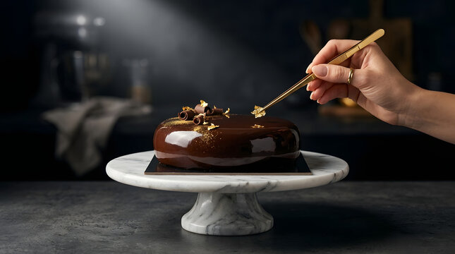 Confectioner decorating a luxurious chocolate mirror glaze cake with edible gold foil in a professional kitchen