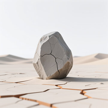 A large, gray stone, cracked and worn, sits on parched, fragmented earth, symbolizing desolation and environmental degradation in a minimalist, beige-toned desert landscape.