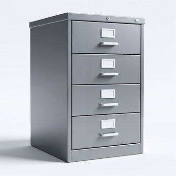 A gray metal filing cabinet with four drawers, each adorned with silver handles and labels, set against a white background with subtle shadowing.