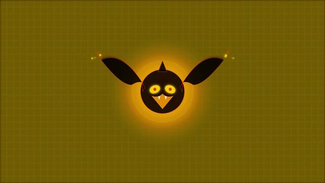 Cute cartoon monster with glowing orange eyes and sharp fangs on patterned background