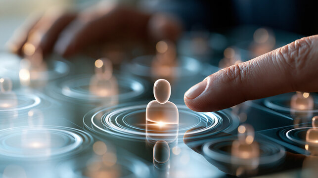 Human icon glowing on a floating interface panel as a fingertip presses it among surrounding user tiles face outside the frame bright clean backdrop crisp luminous rings airy