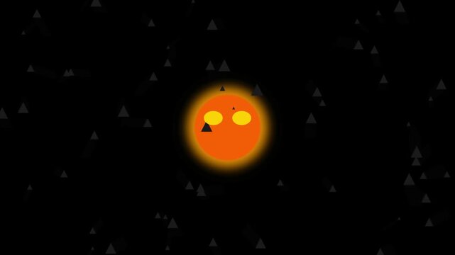 Mysterious cosmic glowing orange entity with yellow eyes among dark geometric shapes