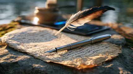 Fototapeta premium Worn parchment historical document and a quill resting on a stone surface in early morning mist, a subtle no-code workflow interface glowing faintly from a tablet tucked behind an aged inkwell sugge