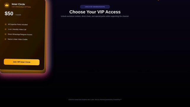 Creator Membership Checkout Page Interface Displaying VIP Access Subscription Options and Benefits