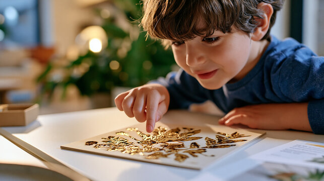 A child in a luxury interior leans toward a lacquered display table where an intricate pyrography wood-burned packaging prototype rests, fingertip hovering above the scorched botanical motif in wide