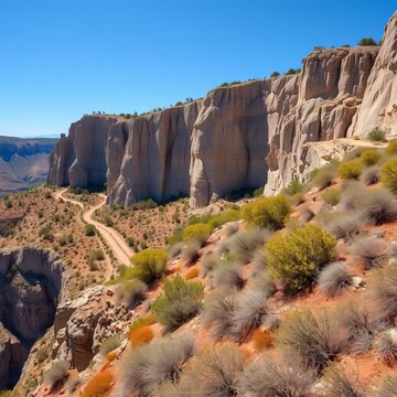 Eroded granite cliffs with scrubby vegetation, scrubby, cliffs