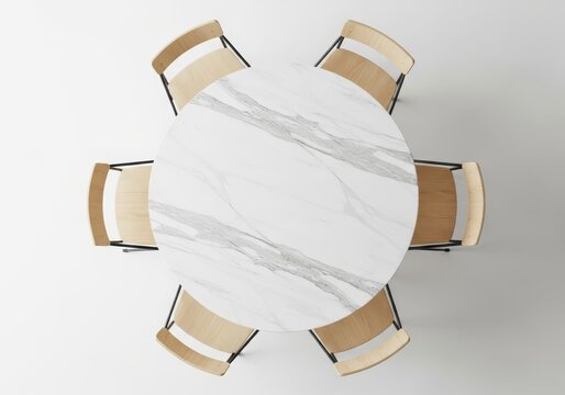 Modern Round White Marble Dining Table with Six Wooden Chairs Top View Isolated on White Background