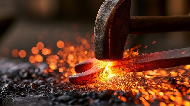Fierce hammer strikes glowing, red-hot metal