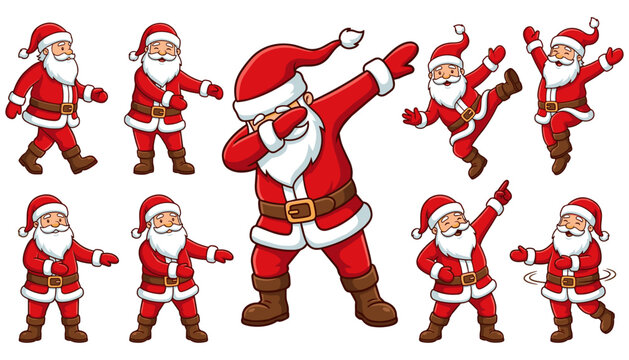 Funny dancing Christmas Santa Claus character vector set featuring happy cartoon grandfather dabbing floss dancing doing hip hop moves isolated on white background
