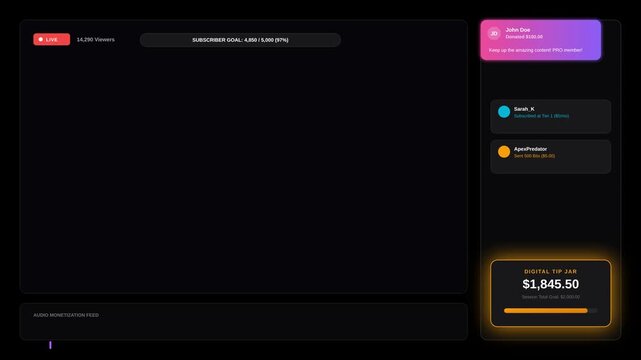 Digital Live Stream Interface Overlay With User Chat And Tip Jar Graphic For Gaming Content Creator