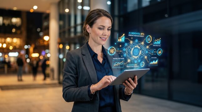 Professional woman using tablet outdoors at night with AI insights hologram displaying neural network prediction accuracy and data analytics