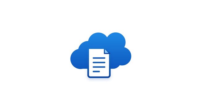 Cloud storage icon with document file upload motion graphic on isolated white background