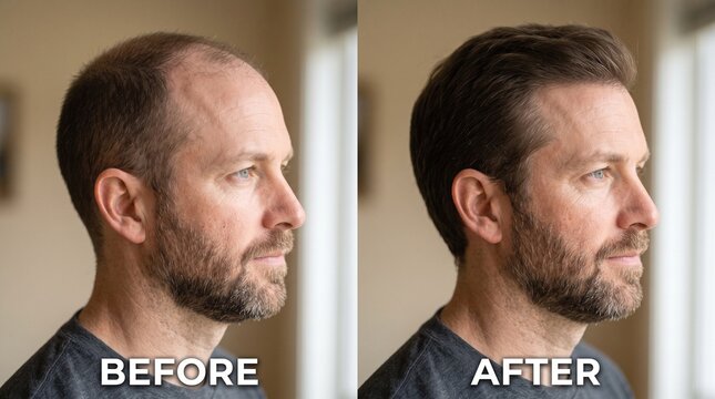 Side-by-side comparison showing a man's hair transformation from thinning to fuller, styled hair.