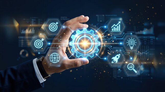Hand touching glowing digital gear surrounded by strategy icons like growth and innovation, representing business planning, digital transformation, and corporate development.