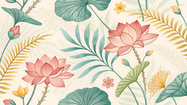 Watercolor lotus flower pattern with tropical leaves and foliage